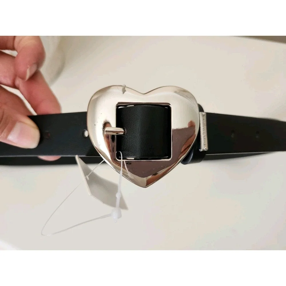 True Religion Silver Heart‎ Buckle Belt Womens Faux Leather Belt Black Size L/XL